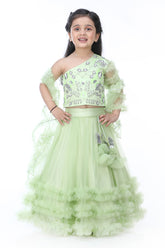 Green One Shoulder Top With Frilly Ghagra And Dupatta